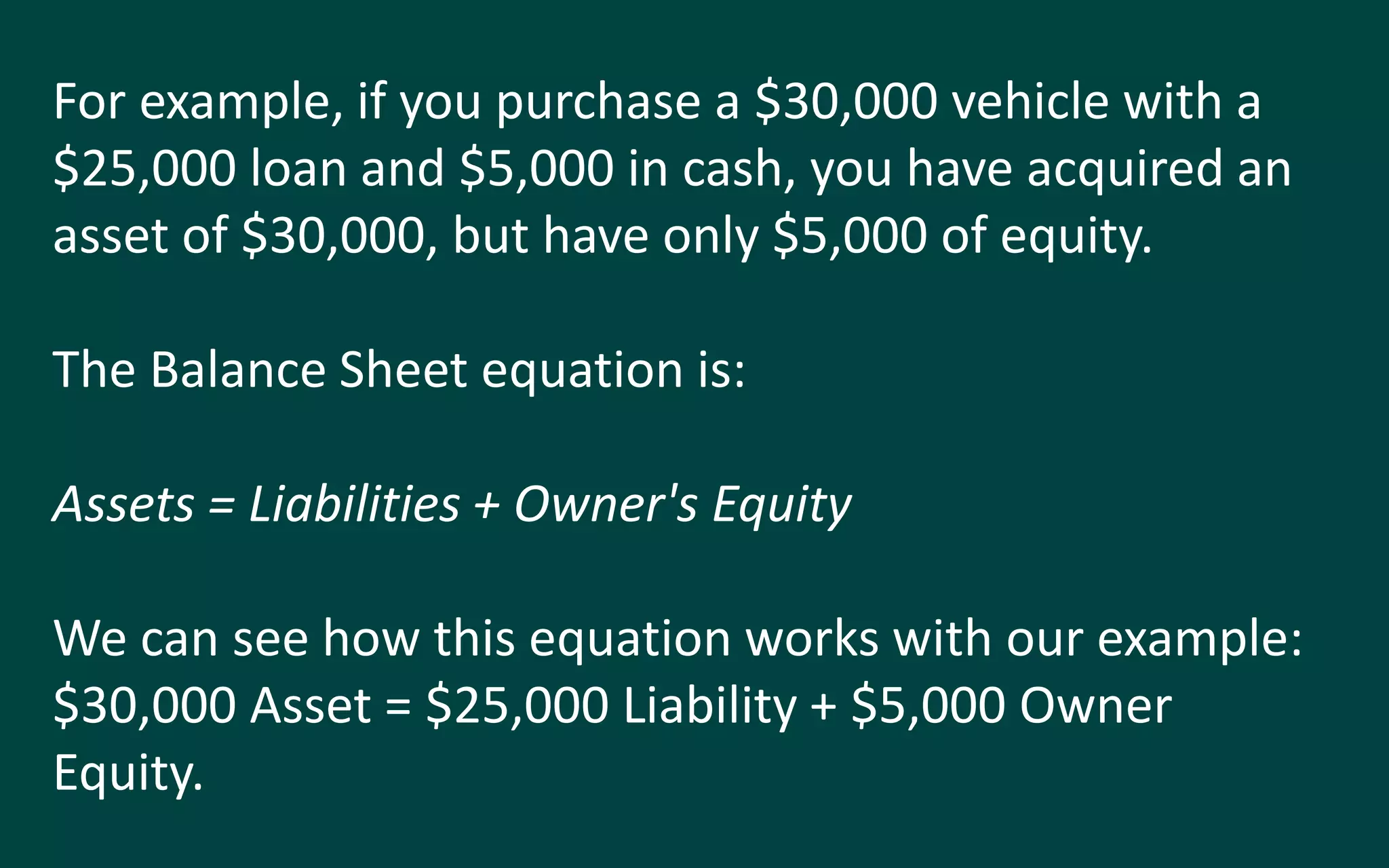 For example, if you purchase a $30,000 vehicle with a
$25,000 loan and $5,000 in cash, you have acquired an
asset of $30,000, but have only $5,000 of equity.
The Balance Sheet equation is:
Assets = Liabilities + Owner's Equity
We can see how this equation works with our example:
$30,000 Asset = $25,000 Liability + $5,000 Owner
Equity.
 
