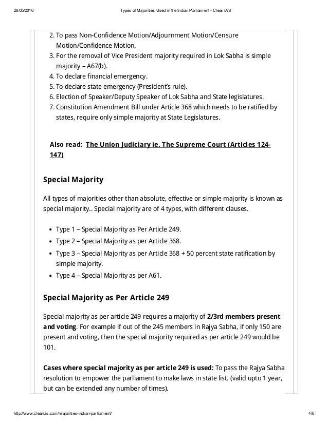 Types Of Majorities Used In The Indian Parliament Clear Ias