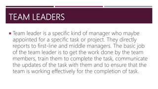 TEAM LEADERS
 Team leader is a specific kind of manager who maybe
appointed for a specific task or project. They directly
reports to first-line and middle managers. The basic job
of the team leader is to get the work done by the team
members, train them to complete the task, communicate
the updates of the task with them and to ensure that the
team is working effectively for the completion of task.
 