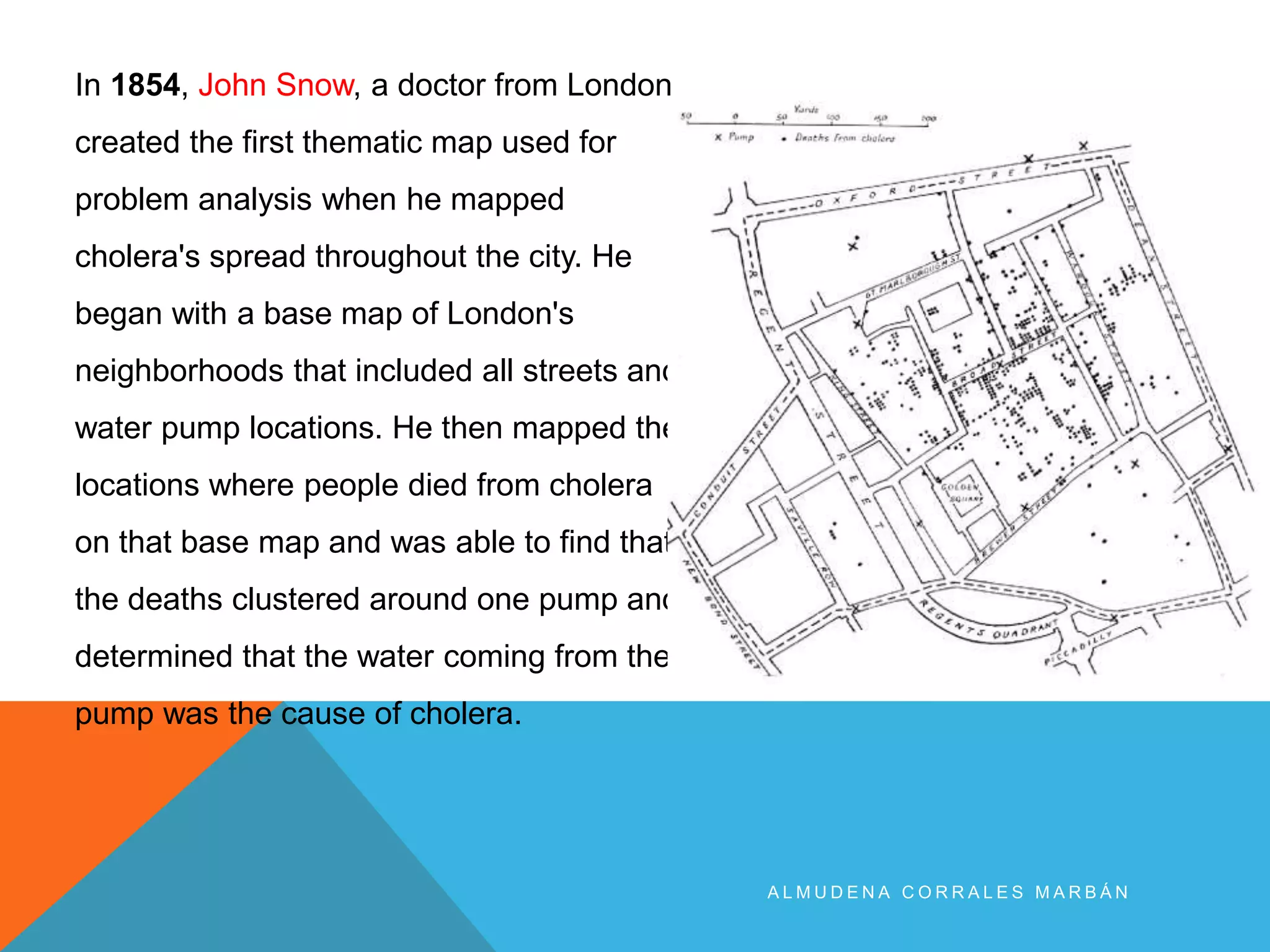 A L M U D E N A C O R R A L E S M A R B Á N
In 1854, John Snow, a doctor from London
created the first thematic map used for
problem analysis when he mapped
cholera's spread throughout the city. He
began with a base map of London's
neighborhoods that included all streets and
water pump locations. He then mapped the
locations where people died from cholera
on that base map and was able to find that
the deaths clustered around one pump and
determined that the water coming from the
pump was the cause of cholera.
 