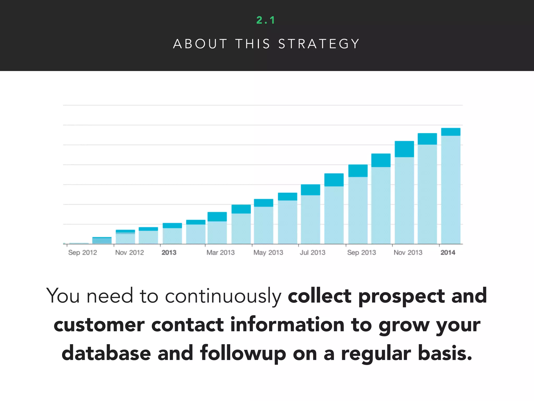 You need to continuously collect prospect and
customer contact information to grow your
database and followup on a regular basis. 
A B O U T T H I S S T R A T E G Y
2 . 1
 