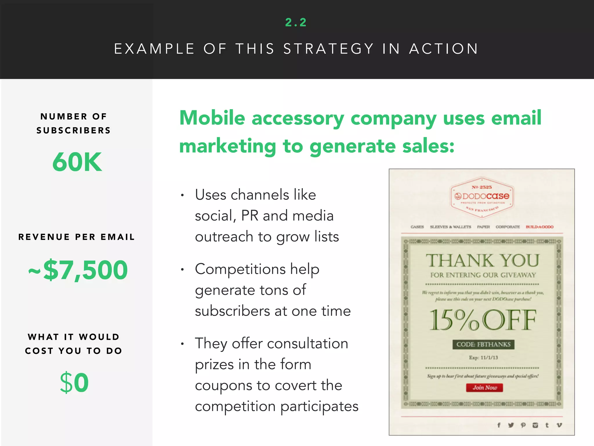 E X A M P L E O F T H I S S T R A T E G Y I N A C T I O N
60K
~$7,500
R E V E N U E P E R E M A I L
N U M B E R O F
S U B S C R I B E R S
• Uses channels like
social, PR and media
outreach to grow lists
• Competitions help
generate tons of
subscribers at one time
• They offer consultation
prizes in the form
coupons to covert the
competition participates
Mobile accessory company uses email
marketing to generate sales:
$0
W H AT I T W O U L D
C O S T Y O U T O D O
2 . 2
 