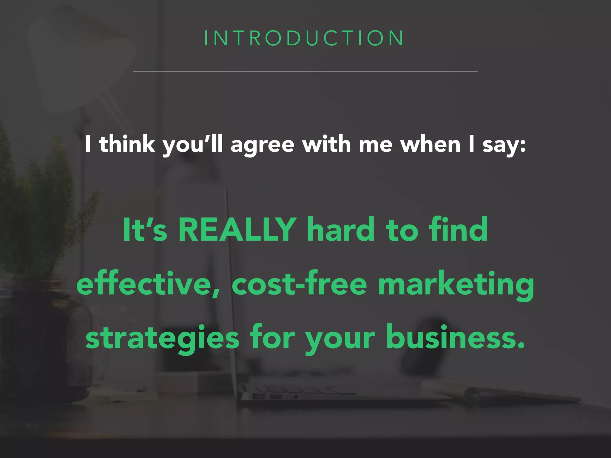 I N T R O D U C T I O N
It’s REALLY hard to ﬁnd
effective, cost-free marketing
strategies for your business.
I think you’ll agree with me when I say:
 