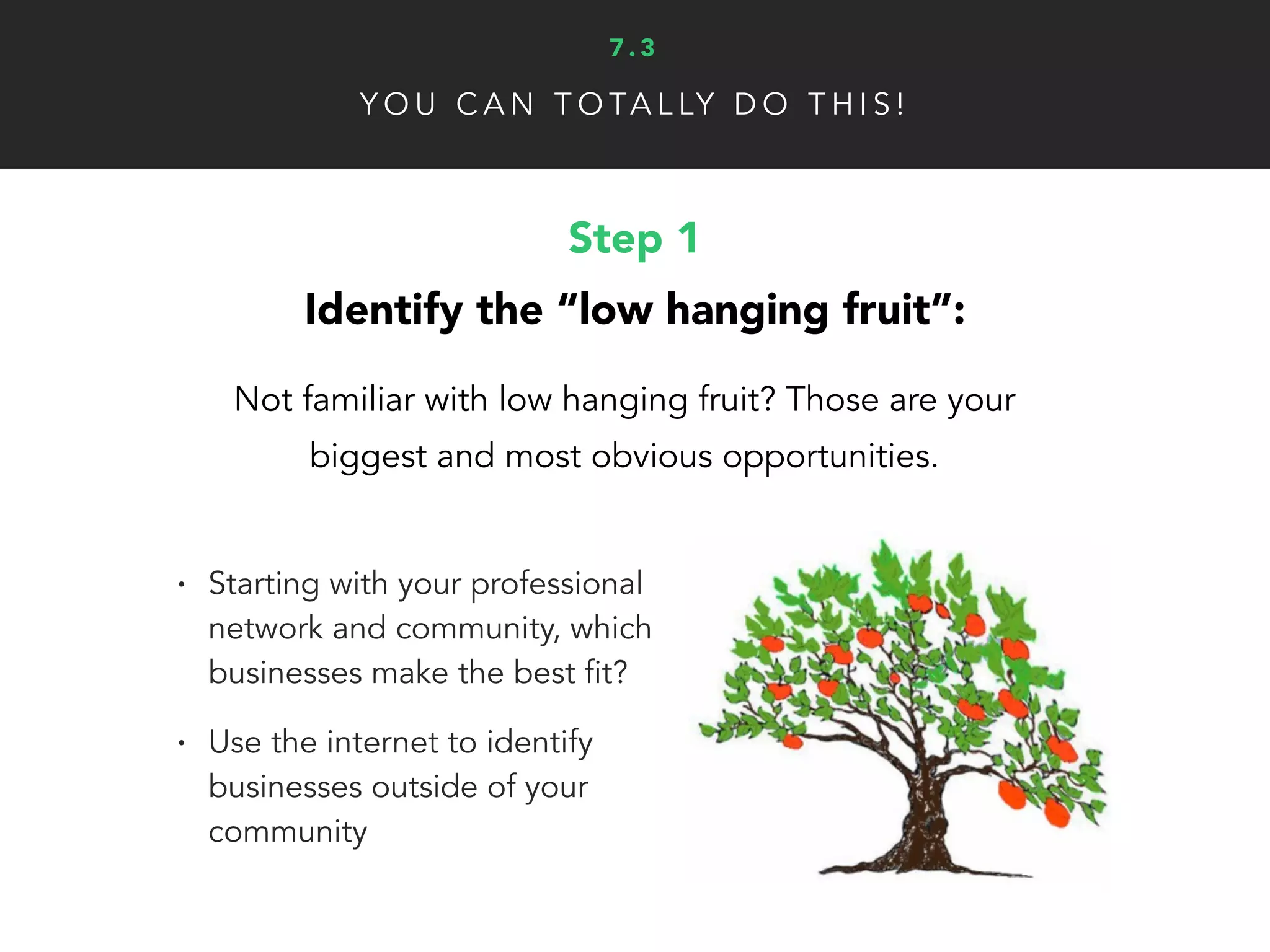 Y O U C A N T O TA L LY D O T H I S !
Step 3
Deliver on promises:
Now both you and your partners need to make sure
you deliver on the terms that were agreed to.
• Evaluate training needs you and
your partner’s staff
• Agree on the measurements of
success up front
• Focus on creating “quick wins” so
the relationship doesn’t sour if
things move a little slow at first
7 . 3
 