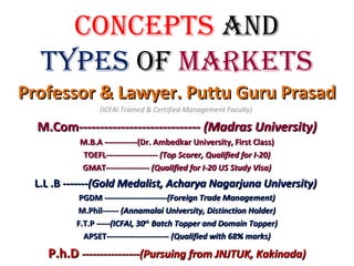 CONCEPTS AND
TYPES OF MARKETS
Professor & Lawyer. Puttu Guru PrasadProfessor & Lawyer. Puttu Guru Prasad
(ICFAI Trained & Certified Management Faculty) 
M.Com-----------------------------M.Com----------------------------- (Madras University)(Madras University)
M.B.A ------------(Dr. Ambedkar University, First Class)M.B.A ------------(Dr. Ambedkar University, First Class)
TOEFL-------------------TOEFL------------------- (Top Scorer, Qualified for I-20)(Top Scorer, Qualified for I-20)
GMAT----------------GMAT---------------- (Qualified for I-20 US Study Visa)(Qualified for I-20 US Study Visa)
L.L .B -------L.L .B -------(Gold Medalist, Acharya Nagarjuna University)(Gold Medalist, Acharya Nagarjuna University)
PGDM -----------------------PGDM -----------------------(Foreign Trade Management)(Foreign Trade Management)
M.Phil------M.Phil------ (Annamalai University, Distinction Holder)(Annamalai University, Distinction Holder)
F.T.P -----F.T.P -----(ICFAI, 30(ICFAI, 30thth
Batch Topper and Domain Topper)Batch Topper and Domain Topper)
APSET-----------------------APSET----------------------- (Qualified with 68% marks)(Qualified with 68% marks)
P.h.DP.h.D --------------------------------(Pursuing from JNJTUK, Kakinada)(Pursuing from JNJTUK, Kakinada)
 