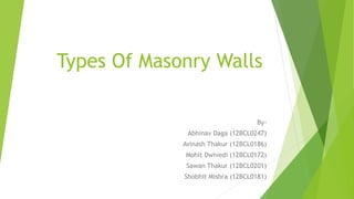 Types Of Masonry Walls
By-
Abhinav Daga (12BCL0247)
Avinash Thakur (12BCL0186)
Mohit Dwivedi (12BCL0172)
Sawan Thakur (12BCL0201)
Shobhit Mishra (12BCL0181)
 
