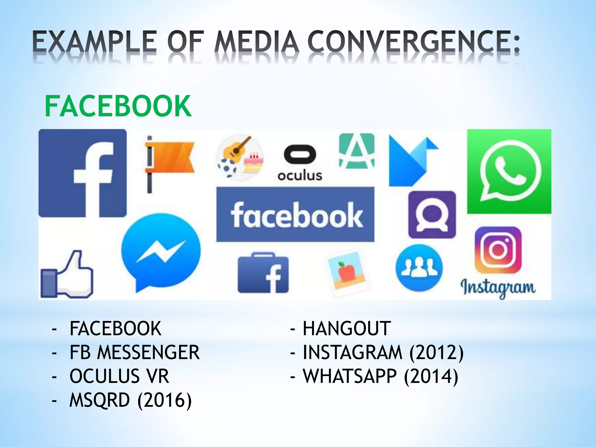 FACEBOOK
- FACEBOOK - HANGOUT
- FB MESSENGER - INSTAGRAM (2012)
- OCULUS VR - WHATSAPP (2014)
- MSQRD (2016)
 