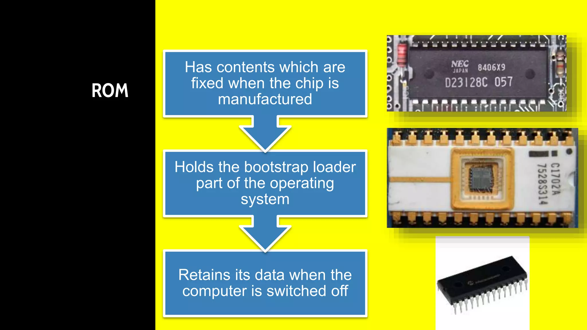 ROM
Retains its data when the
computer is switched off
Holds the bootstrap loader
part of the operating
system
Has contents which are
fixed when the chip is
manufactured
 