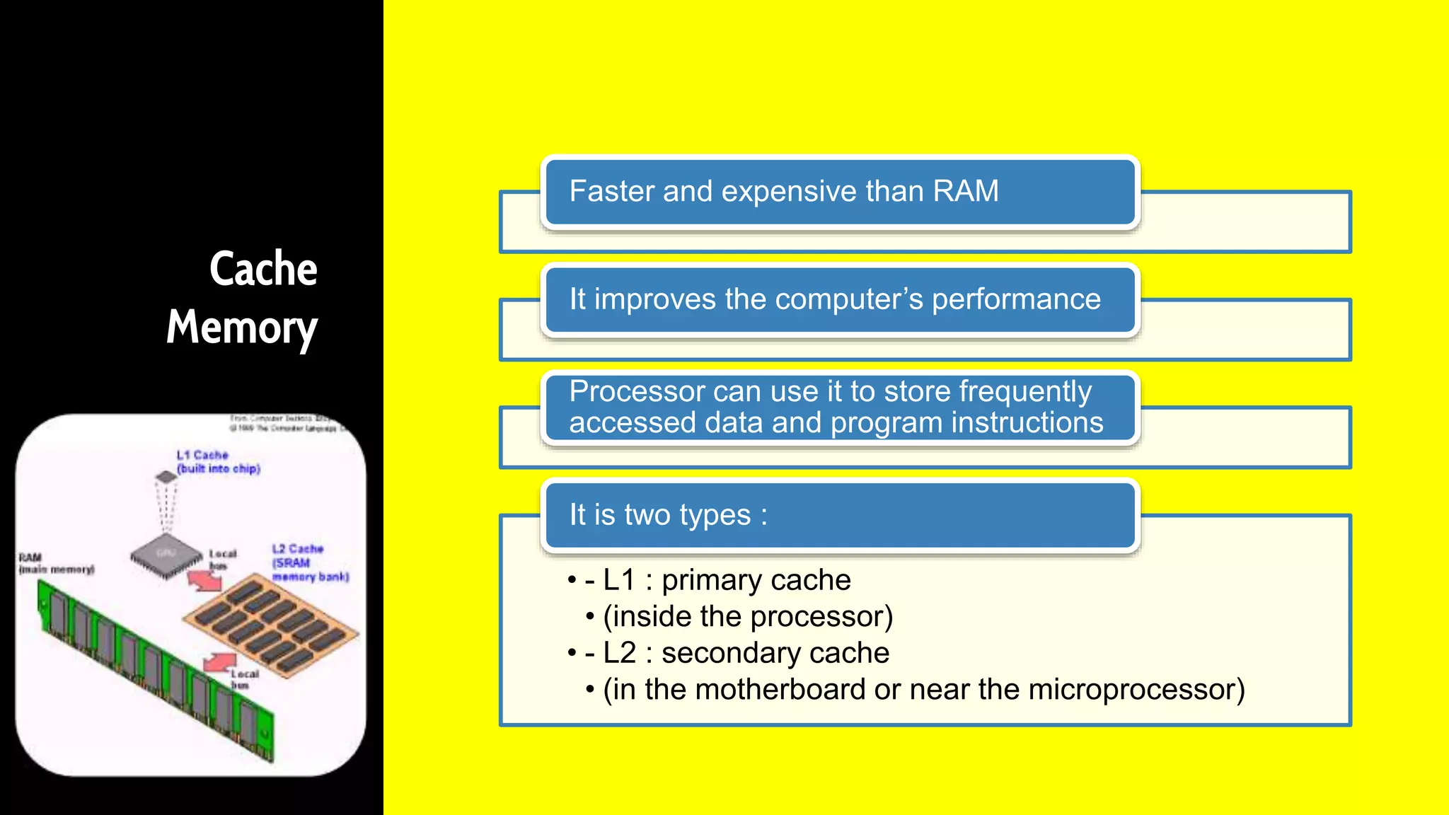 Cache
Memory
Faster and expensive than RAM
It improves the computer’s performance
Processor can use it to store frequently
accessed data and program instructions
• - L1 : primary cache
• (inside the processor)
• - L2 : secondary cache
• (in the motherboard or near the microprocessor)
It is two types :
 