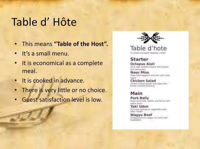 Types of menu | PPTX | Bars & Restaurants | Attractions