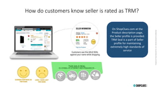 PropertyofCluesNetworkPvt.Ltd.-Strictlyprivate&confidentialPropertyofCluesNetworkPvt.Ltd.-Strictlyprivate&confidential
How do customers know seller is rated as TRM?
On ShopClues.com at the
Product description page,
the Seller profile is provided.
TRM Seal is a part of Seller
profile for maintaining
extremely high standards of
service
 
