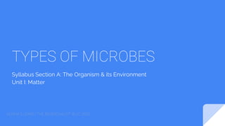 Syllabus Section A: The Organism & its Environment
Unit I: Matter
TYPES OF MICROBES
KEISHA S LEWIS | ‘THE BIOSPECIALIST’ © CC 2020
 