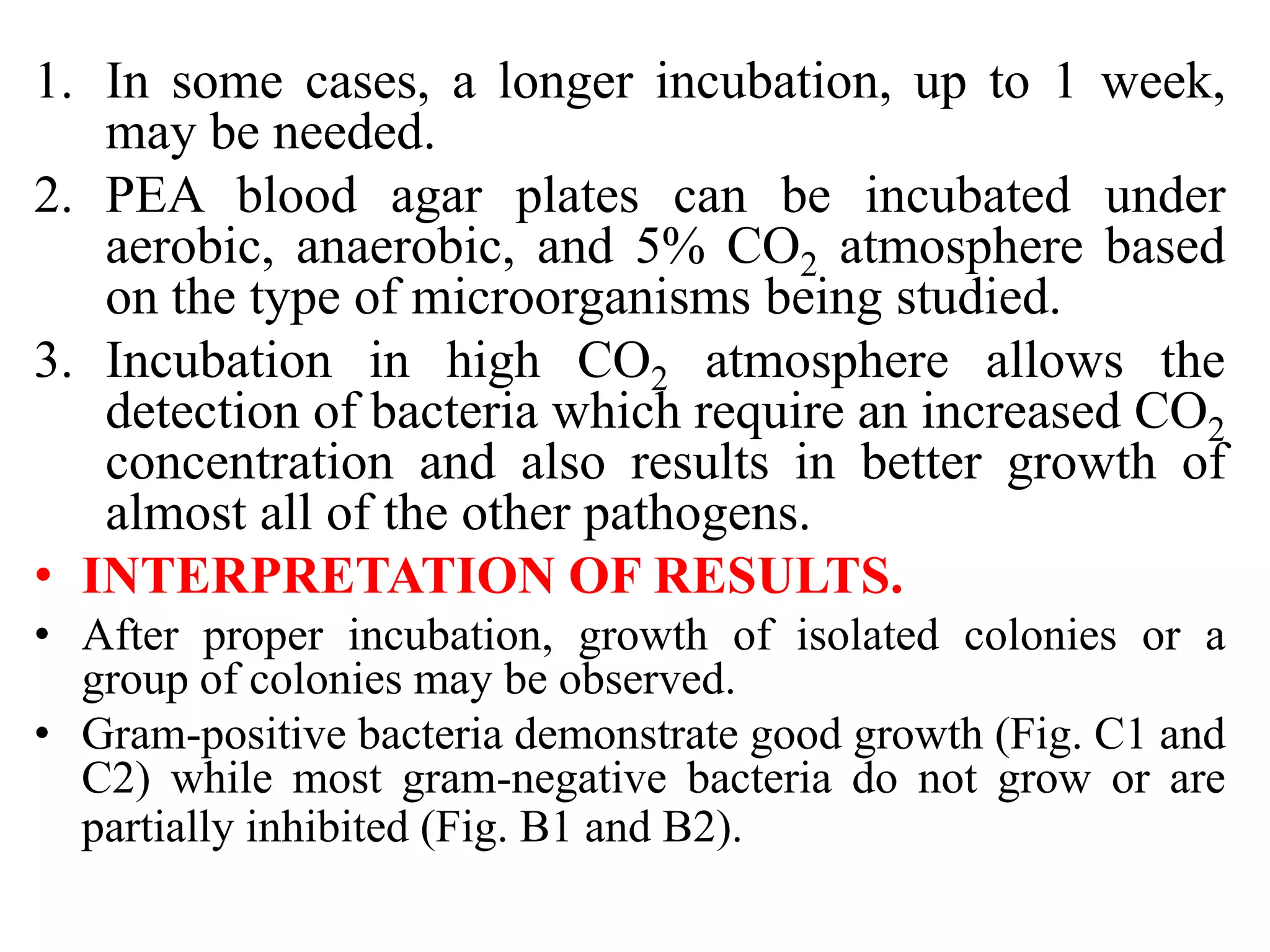 1. In some cases, a longer incubation, up to 1 week,
may be needed.
2. PEA blood agar plates can be incubated under
aerobic, anaerobic, and 5% CO2 atmosphere based
on the type of microorganisms being studied.
3. Incubation in high CO2 atmosphere allows the
detection of bacteria which require an increased CO2
concentration and also results in better growth of
almost all of the other pathogens.
• INTERPRETATION OF RESULTS.
• After proper incubation, growth of isolated colonies or a
group of colonies may be observed.
• Gram-positive bacteria demonstrate good growth (Fig. C1 and
C2) while most gram-negative bacteria do not grow or are
partially inhibited (Fig. B1 and B2).
 