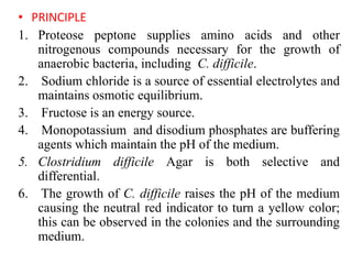 • PRINCIPLE
1. Proteose peptone supplies amino acids and other
nitrogenous compounds necessary for the growth of
anaerobic bacteria, including C. difficile.
2. Sodium chloride is a source of essential electrolytes and
maintains osmotic equilibrium.
3. Fructose is an energy source.
4. Monopotassium and disodium phosphates are buffering
agents which maintain the pH of the medium.
5. Clostridium difficile Agar is both selective and
differential.
6. The growth of C. difficile raises the pH of the medium
causing the neutral red indicator to turn a yellow color;
this can be observed in the colonies and the surrounding
medium.
 