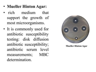 • Mueller Hinton Agar:
• rich medium that
support the growth of
most microorganisms.
• It is commonly used for
antibiotic susceptibility
testing: disk diffusion
antibiotic susceptibility;
antibiotic serum level
measurements; MBC
determination.
Mueller Hinton Agar
 
