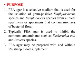 • PURPOSE
1. PEA agar is a selective medium that is used for
the isolation of gram-positive Staphylococcus
species and Streptococcus species from clinical
specimens or specimens that contain mixtures
of bacterial flora.
2. Typically PEA agar is used to inhibit the
common contaminants such as Escherichia coli
and Proteus species.
3. PEA agar may be prepared with and without
5% sheep blood supplement.
 