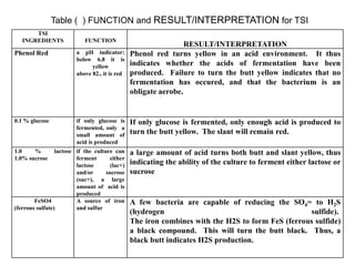 TSI
INGREDIENTS FUNCTION
RESULT/INTERPRETATION
Phenol Red a pH indicator:
below 6.8 it is
yellow
above 82., it is red
Phenol red turns yellow in an acid environment. It thus
indicates whether the acids of fermentation have been
produced. Failure to turn the butt yellow indicates that no
fermentation has occured, and that the bacterium is an
obligate aerobe.
0.1 % glucose if only glucose is
fermented, only a
small amount of
acid is produced
If only glucose is fermented, only enough acid is produced to
turn the butt yellow. The slant will remain red.
1.0 % lactose
1.0% sucrose
if the culture can
ferment either
lactose (lac+)
and/or sucrose
(suc+), a large
amount of acid is
produced
a large amount of acid turns both butt and slant yellow, thus
indicating the ability of the culture to ferment either lactose or
sucrose
FeSO4
(ferrous sulfate)
A source of iron
and sulfur
A few bacteria are capable of reducing the SO4= to H2S
(hydrogen sulfide).
The iron combines with the H2S to form FeS (ferrous sulfide)
a black compound. This will turn the butt black. Thus, a
black butt indicates H2S production.
Table ( ) FUNCTION and RESULT/INTERPRETATION for TSI
 