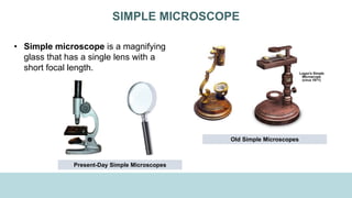 SIMPLE MICROSCOPE
• Simple microscope is a magnifying
glass that has a single lens with a
short focal length.
Old Simple Microscopes
Present-Day Simple Microscopes
 