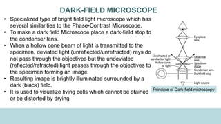 DARK-FIELD MICROSCOPE
• Specialized type of bright field light microscope which has
several similarities to the Phase-Contrast Microscope.
• To make a dark field Microscope place a dark-field stop to
the condenser lens.
• When a hollow cone beam of light is transmitted to the
specimen, deviated light (unreflected/unrefracted) rays do
not pass through the objectives but the undeviated
(reflected/refracted) light passes through the objectives to
the specimen forming an image.
• Resulting image is brightly illuminated surrounded by a
dark (black) field.
• It is used to visualize living cells which cannot be stained
or be distorted by drying.
Principle of Dark-field microscopy
 