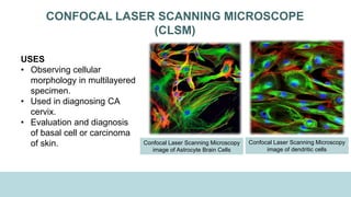 CONFOCAL LASER SCANNING MICROSCOPE
(CLSM)
USES
• Observing cellular
morphology in multilayered
specimen.
• Used in diagnosing CA
cervix.
• Evaluation and diagnosis
of basal cell or carcinoma
of skin. Confocal Laser Scanning Microscopy
image of dendritic cells
Confocal Laser Scanning Microscopy
image of Astrocyte Brain Cells
 