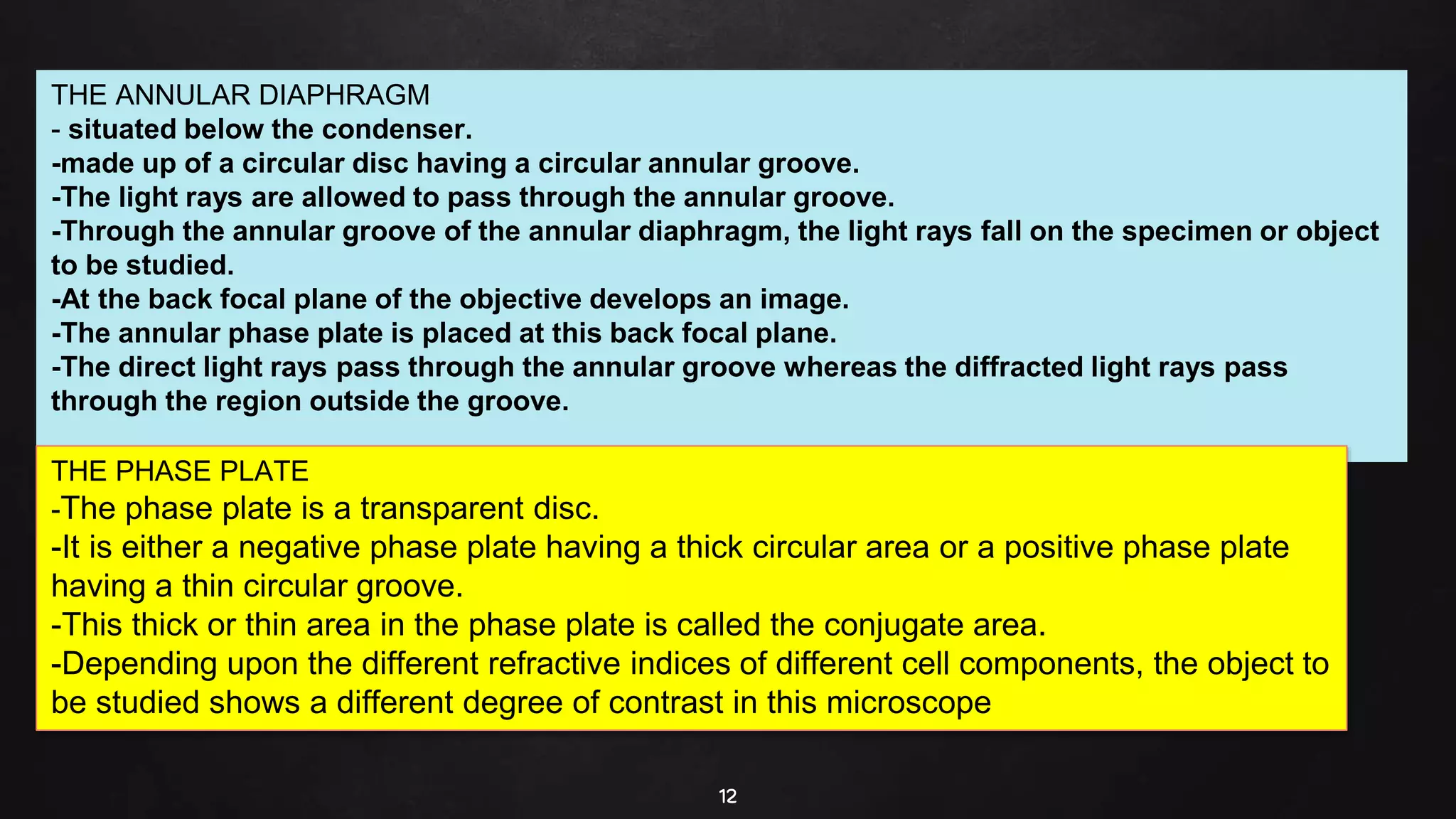 12
THE ANNULAR DIAPHRAGM
- situated below the condenser.
-made up of a circular disc having a circular annular groove.
-The light rays are allowed to pass through the annular groove.
-Through the annular groove of the annular diaphragm, the light rays fall on the specimen or object
to be studied.
-At the back focal plane of the objective develops an image.
-The annular phase plate is placed at this back focal plane.
-The direct light rays pass through the annular groove whereas the diffracted light rays pass
through the region outside the groove.
THE PHASE PLATE
-The phase plate is a transparent disc.
-It is either a negative phase plate having a thick circular area or a positive phase plate
having a thin circular groove.
-This thick or thin area in the phase plate is called the conjugate area.
-Depending upon the different refractive indices of different cell components, the object to
be studied shows a different degree of contrast in this microscope
 