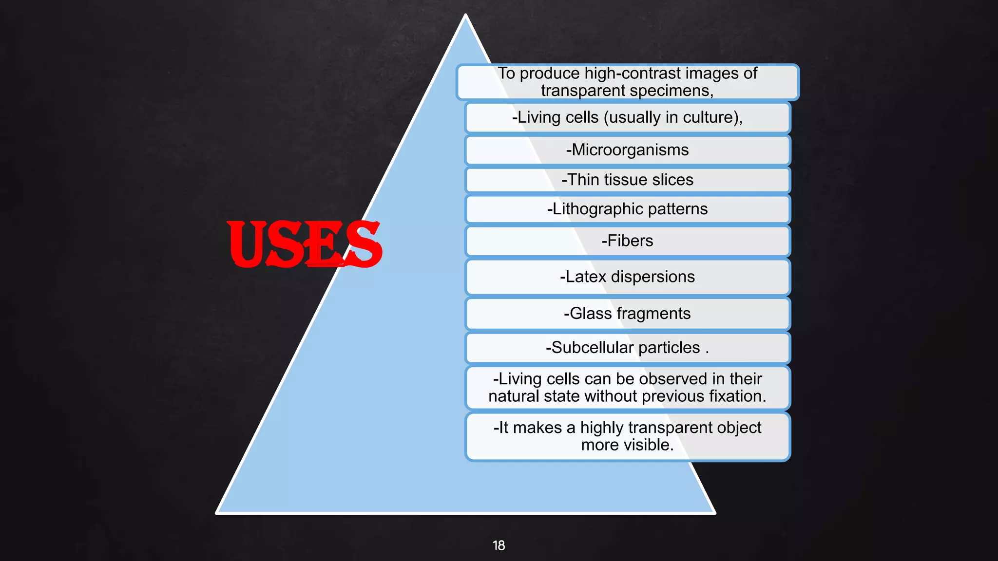 18
To produce high-contrast images of
transparent specimens,
-Living cells (usually in culture),
-Microorganisms
-Thin tissue slices
-Lithographic patterns
-Fibers
-Latex dispersions
-Glass fragments
-Subcellular particles .
-Living cells can be observed in their
natural state without previous fixation.
-It makes a highly transparent object
more visible.
USES
 