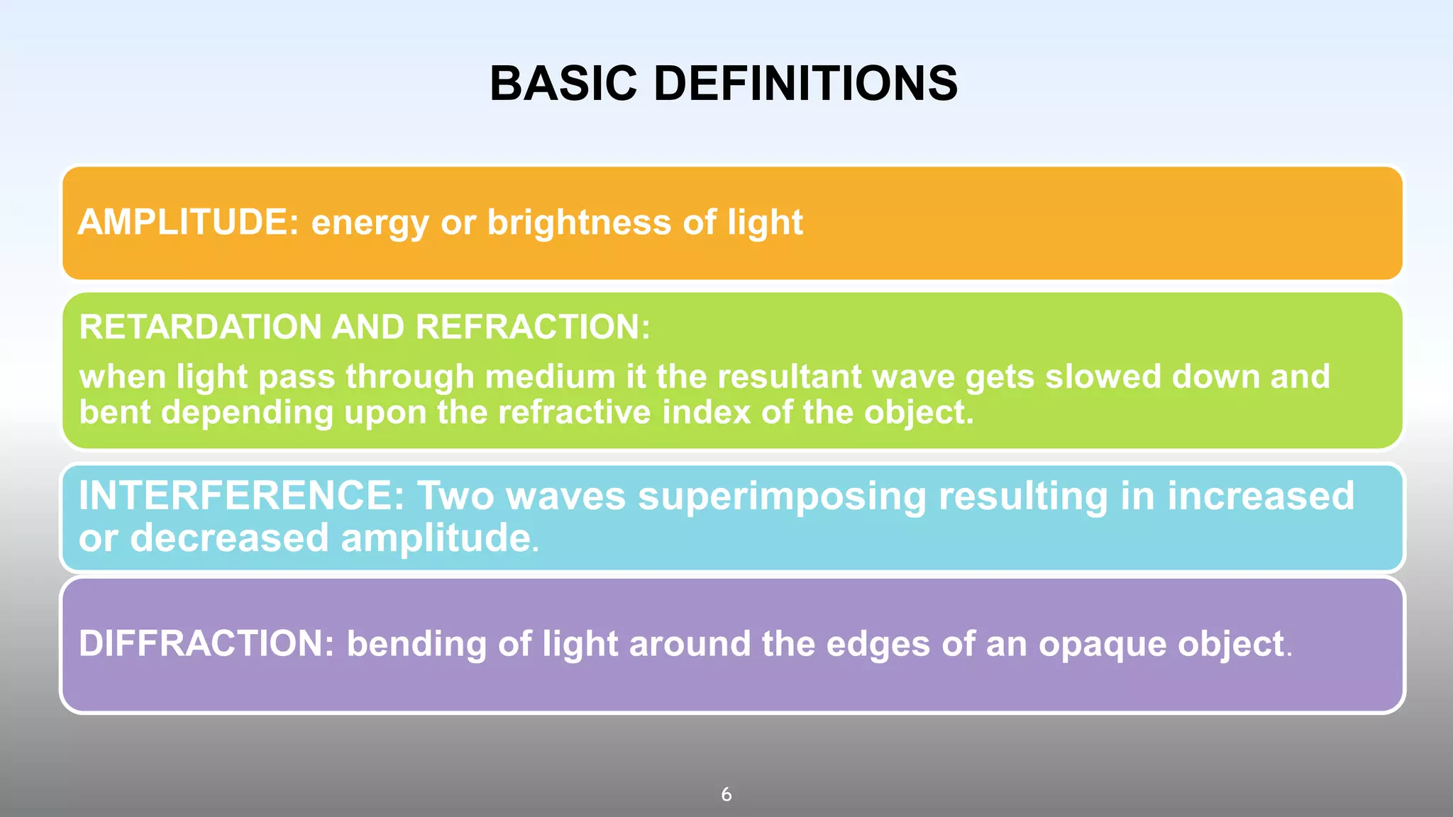 6
AMPLITUDE: energy or brightness of light
RETARDATION AND REFRACTION:
when light pass through medium it the resultant wave gets slowed down and
bent depending upon the refractive index of the object.
INTERFERENCE: Two waves superimposing resulting in increased
or decreased amplitude.
DIFFRACTION: bending of light around the edges of an opaque object.
BASIC DEFINITIONS
 