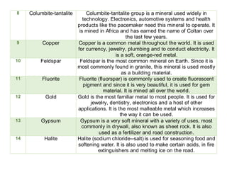 8 Columbite-tantalite Columbite-tantalite group is a mineral used widely in
technology. Electronics, automotive systems and health
products like the pacemaker need this mineral to operate. It
is mined in Africa and has earned the name of Coltan over
the last few years.
9 Copper Copper is a common metal throughout the world. It is used
for currency, jewelry, plumbing and to conduct electricity. It
is a soft, orange-red metal.
10 Feldspar Feldspar is the most common mineral on Earth. Since it is
most commonly found in granite, this mineral is used mostly
as a building material.
11 Fluorite Fluorite (fluorspar) is commonly used to create fluorescent
pigment and since it is very beautiful, it is used for gem
material. It is mined all over the world.
12 Gold Gold is the most familiar metal to most people. It is used for
jewelry, dentistry, electronics and a host of other
applications. It is the most malleable metal which increases
the way it can be used.
13 Gypsum Gypsum is a very soft mineral with a variety of uses, most
commonly in drywall, also known as sheet rock. It is also
used as a fertilizer and road construction.
14 Halite Halite (sodium chloride--salt) is used for seasoning food and
softening water. It is also used to make certain acids, in fire
extinguishers and melting ice on the road.
 