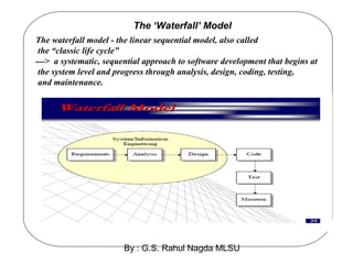 By : G.S. Rahul Nagda MLSU
The ‘Waterfall’ Model
The waterfall model - the linear sequential model, also called
the “classic life cycle”
---> a systematic, sequential approach to software development that begins at
the system level and progress through analysis, design, coding, testing,
and maintenance.
 