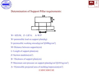 ISO 9001
B U K A S
QUALITY
MANAGEMENT
Qi
006
V 
CAD/CAM/CAE
Determination of Support Pillar requirements:
W= 8ZS/M; Z= LB2/6; A=W/P
W=permissible load on support plate(kg)
S=permissible working stress(kg/cm2)[840kg/cm2]
M=Distance between supports(cm)
L=Length of support plate(cm)
Z=Section modulus(cm3)
B= Thickness of support plate(cm)
P=Maximum unit pressure on support plate(kg/cm2)[630 kg/cm2]
A= Permissible projected area of molding/impression(cm2)
 