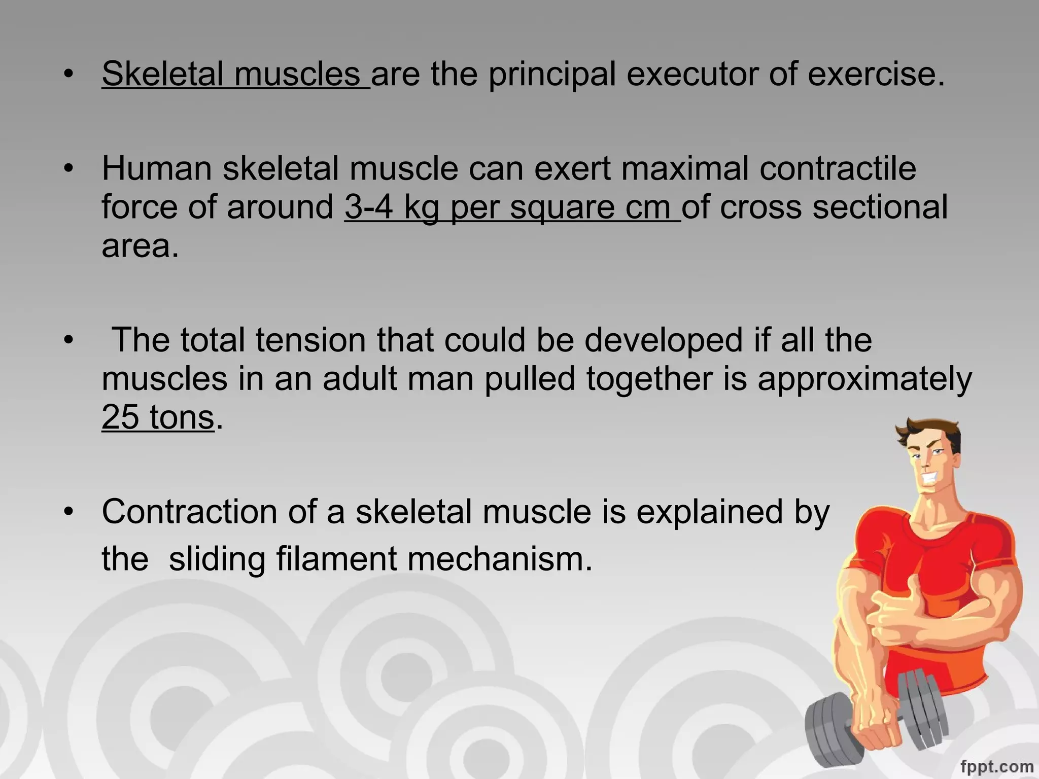 Skeletal muscles  are the principal executor of exercise. Human skeletal muscle can exert maximal contractile force of around  3-4 kg per square cm  of cross sectional area. The total tension that could be developed if all the muscles in an adult man pulled together is approximately  25 tons . Contraction of a skeletal muscle is explained by  the  sliding filament mechanism. 