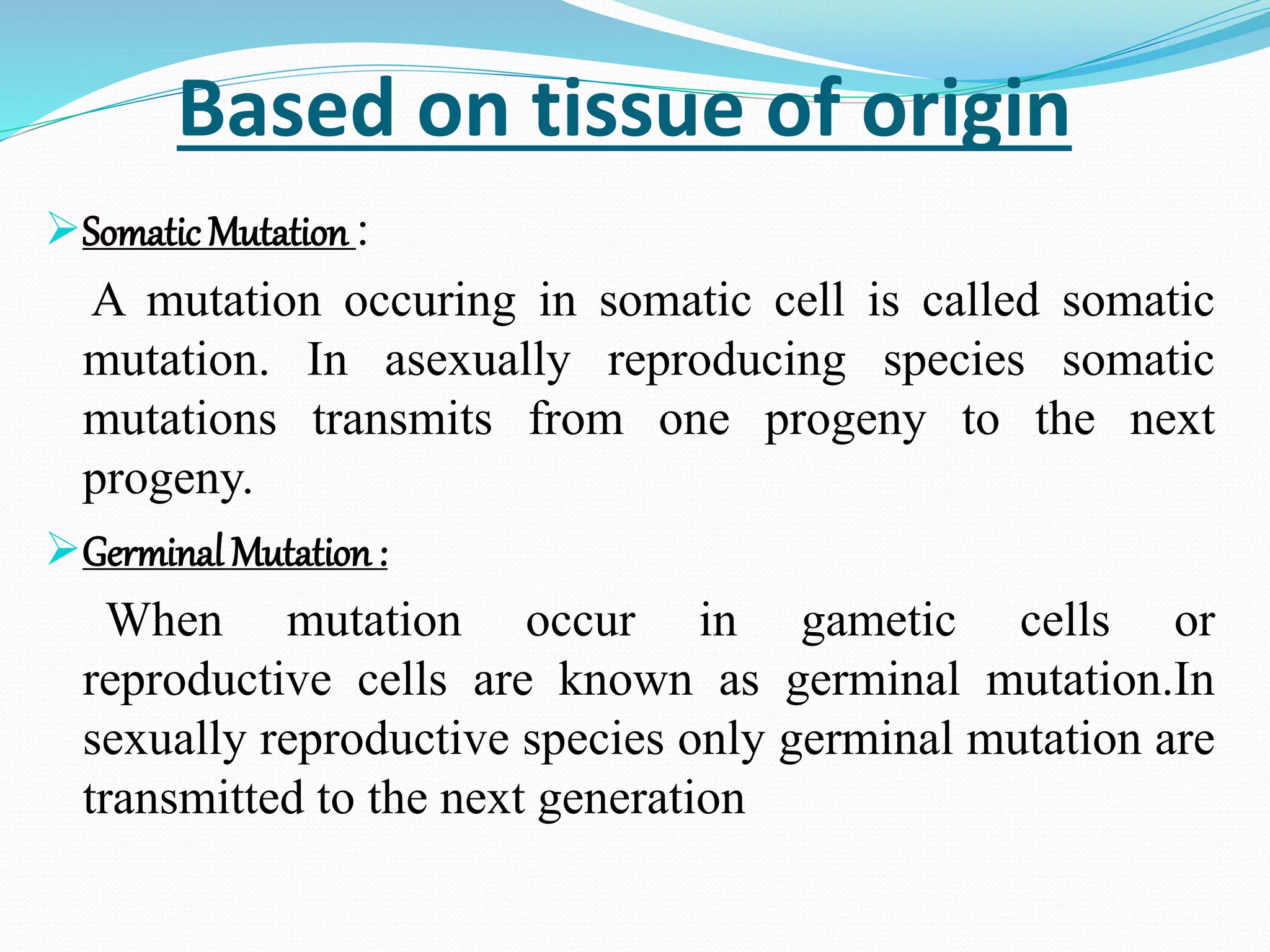 Based on tissue of origin
Somatic Mutation :
A mutation occuring in somatic cell is called somatic
mutation. In asexually reproducing species somatic
mutations transmits from one progeny to the next
progeny.
Germinal Mutation :
When mutation occur in gametic cells or
reproductive cells are known as germinal mutation.In
sexually reproductive species only germinal mutation are
transmitted to the next generation
 