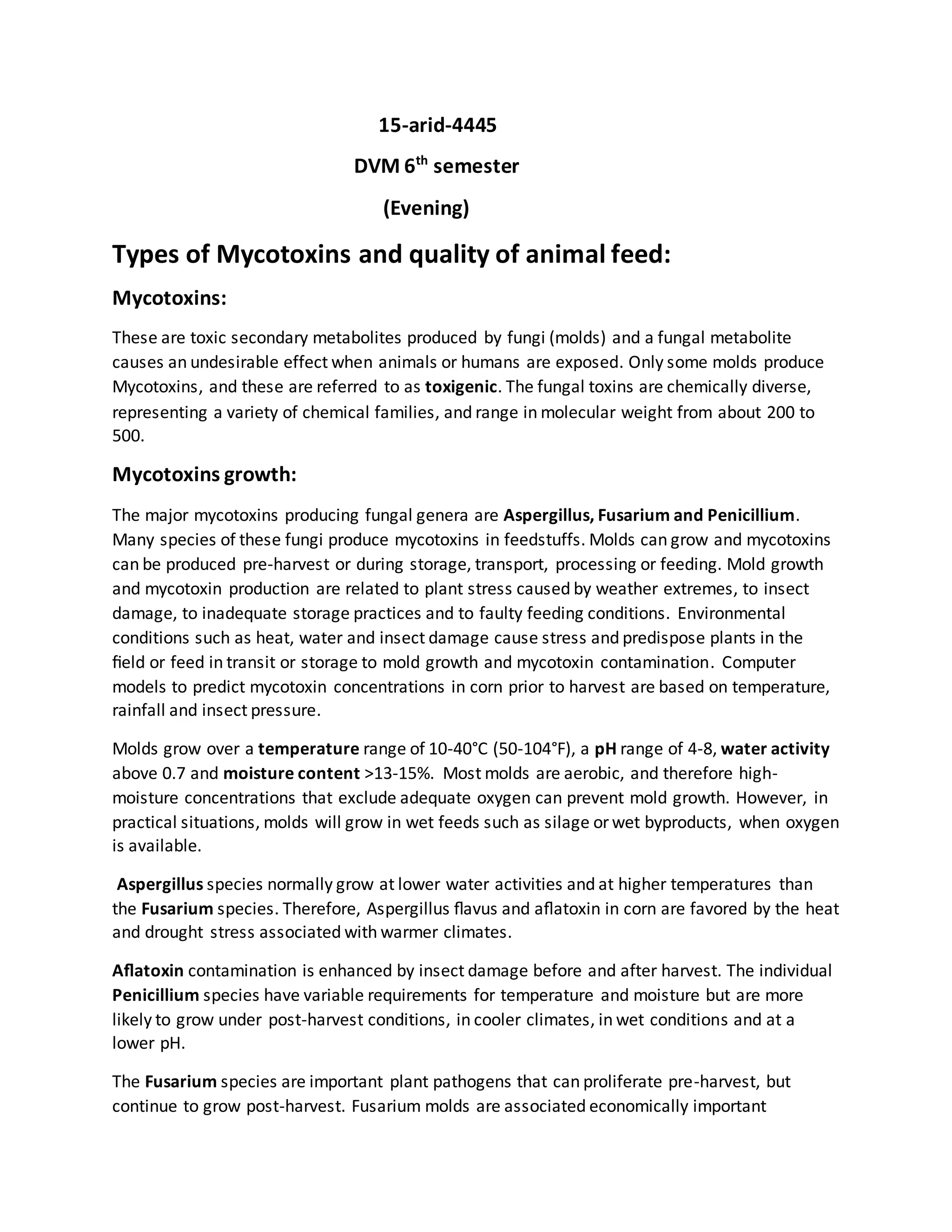 Types of mycotoxins and quality of animal feed PDF