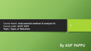 Course Name: Instrumental method of analysis-iii
Course code: ACCE 3203
Topic: Types of Nebulizer
1
By ASIF PAPPU
 