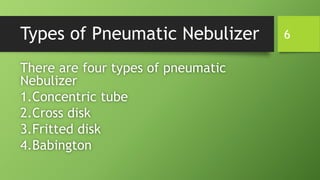 Types of Pneumatic Nebulizer
There are four types of pneumatic
Nebulizer
1.Concentric tube
2.Cross disk
3.Fritted disk
4.Babington
6
 