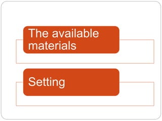 The available
materials
Setting
 