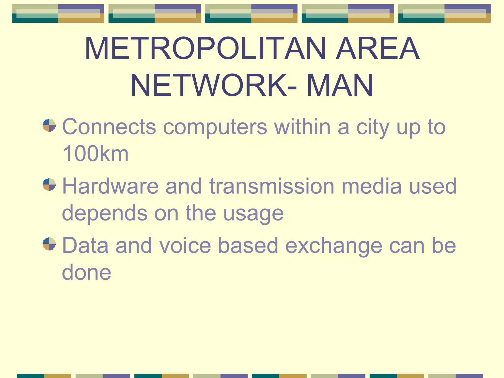 METROPOLITAN AREA NETWORK- MAN Connects computers within a city up to 100km Hardware and transmission media used depends on the usage Data and voice based exchange can be done