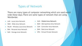 Types of Network
There are many types of computer networking which are used world
wide these days.There are some types of network that are using
Worldwide:
 LAN - Local Area Network
 WAN - Wide Area Network
 WLAN - Wireless Local Area Network
 PAN - Personal Area Network
 SAN - Storage Area Network
 GAN - Global Area Network
 MAN - Metropolitan Area Network
 CAN - Controller Area Network
 DAN - Desk Area Network
 VPN - Virtual Private Network
 