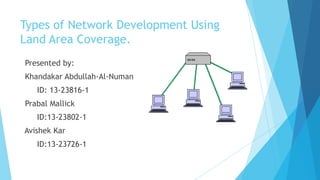 Types of Network Development Using
Land Area Coverage.
Presented by:
Khandakar Abdullah-Al-Numan
ID: 13-23816-1
Prabal Mallick
ID:13-23802-1
Avishek Kar
ID:13-23726-1
 