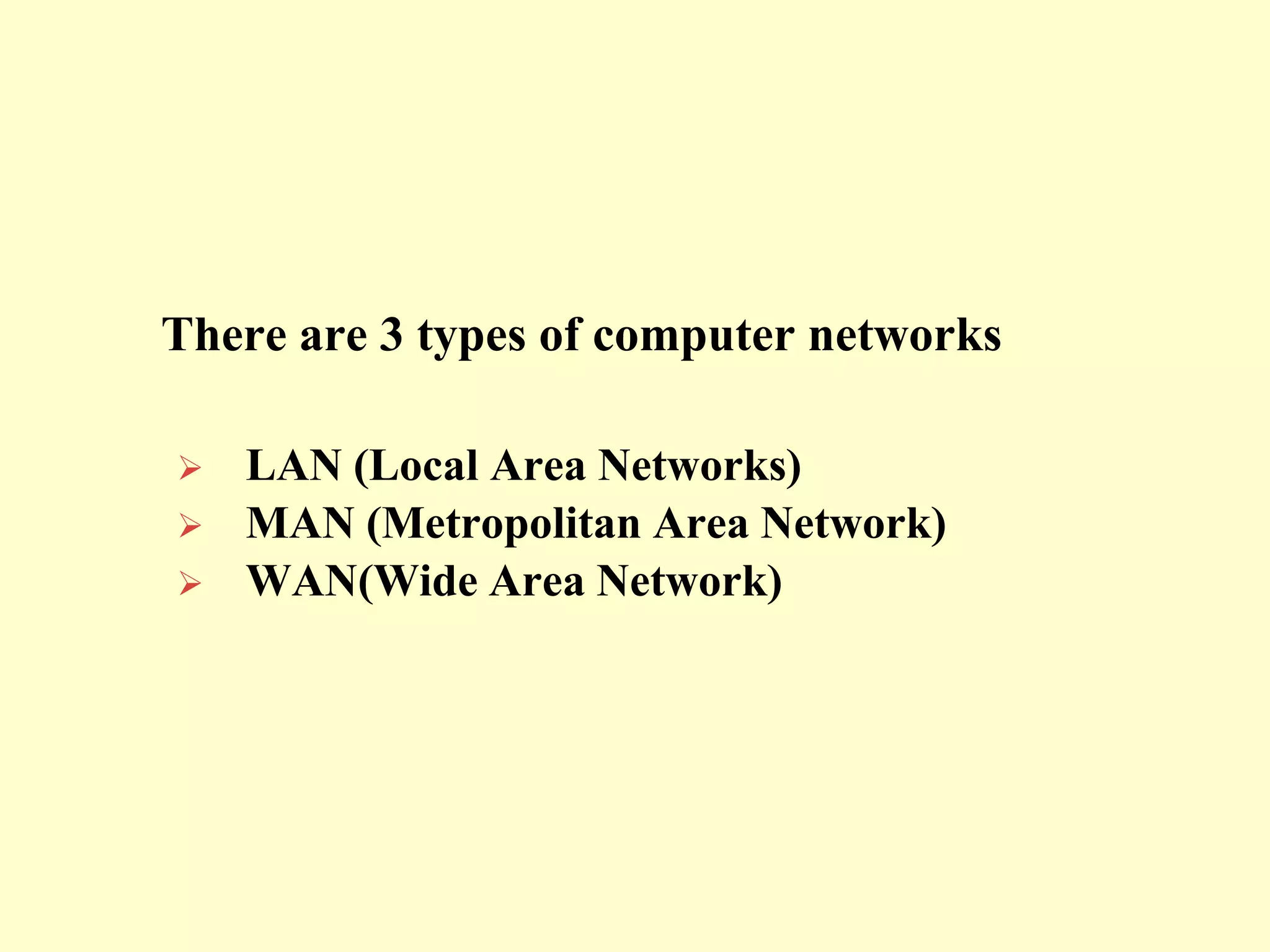 There are 3 types of computer networks
 LAN (Local Area Networks)
 MAN (Metropolitan Area Network)
 WAN(Wide Area Network)
 