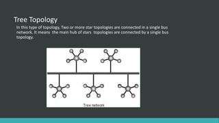 Tree Topology
In this type of topology, Two or more star topologies are connected in a single bus
network. It means the main hub of stars topologies are connected by a single bus
topology.
 