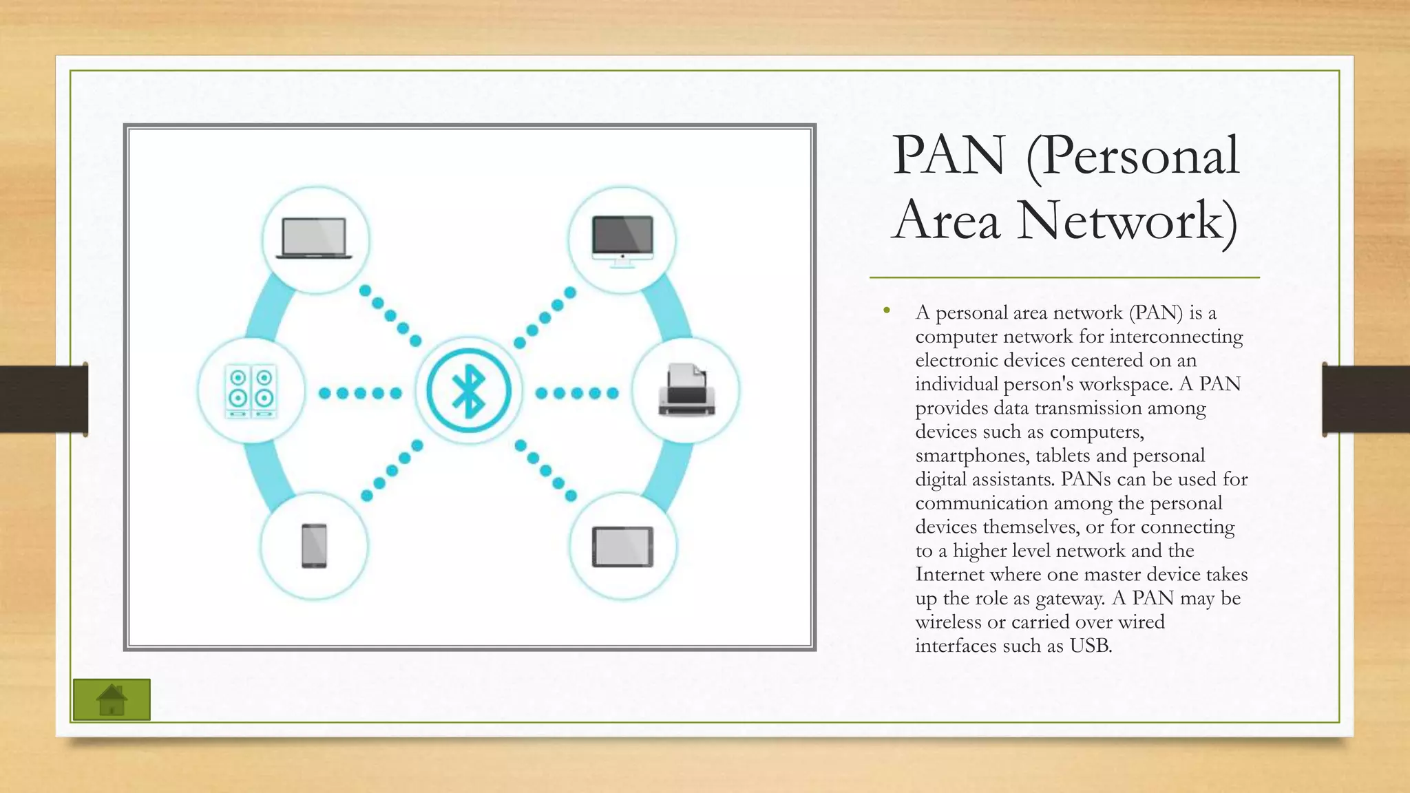 PAN (Personal
Area Network)
• A personal area network (PAN) is a
computer network for interconnecting
electronic devices centered on an
individual person's workspace. A PAN
provides data transmission among
devices such as computers,
smartphones, tablets and personal
digital assistants. PANs can be used for
communication among the personal
devices themselves, or for connecting
to a higher level network and the
Internet where one master device takes
up the role as gateway. A PAN may be
wireless or carried over wired
interfaces such as USB.
 