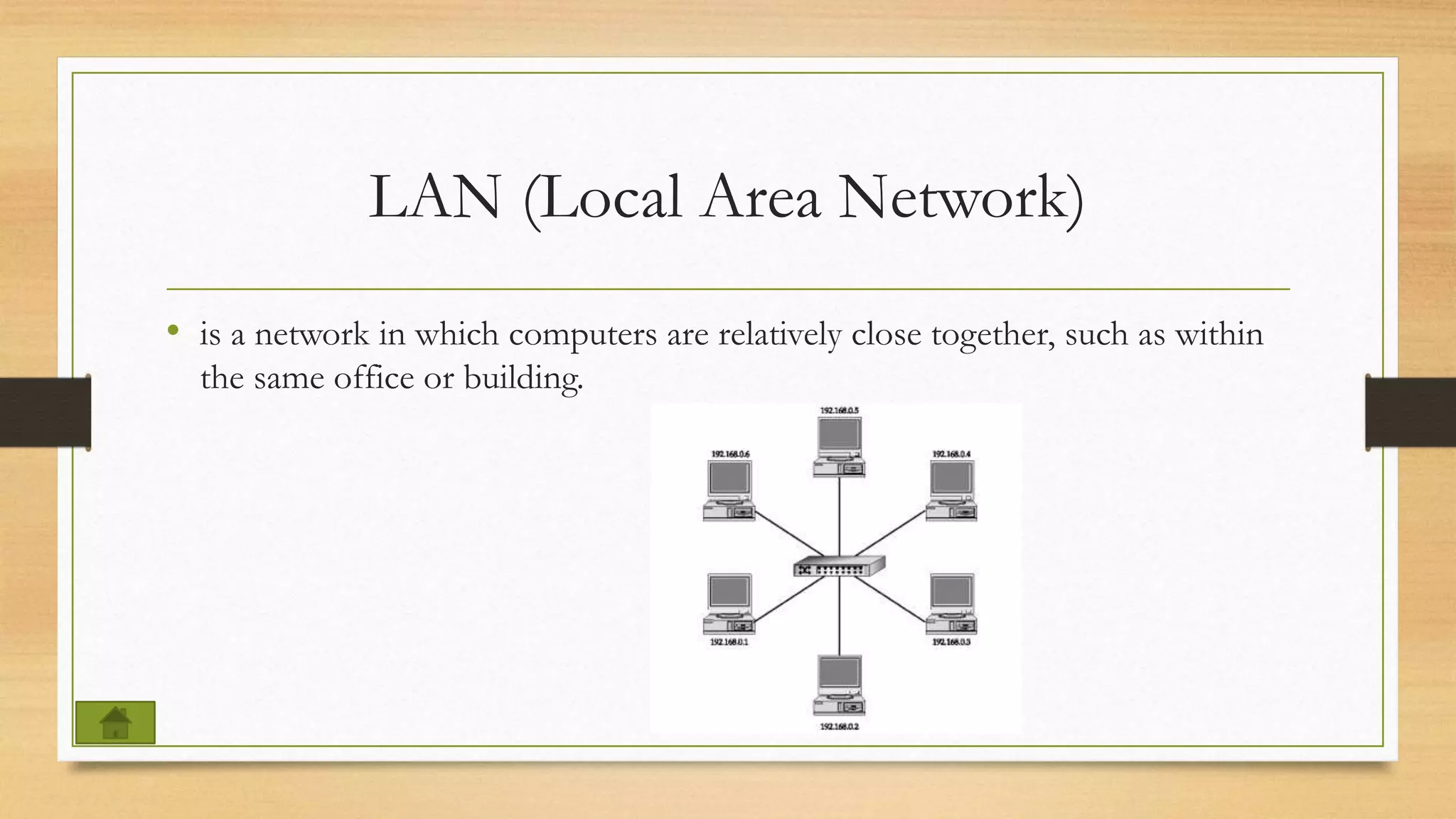 LAN (Local Area Network)
• is a network in which computers are relatively close together, such as within
the same office or building.
 