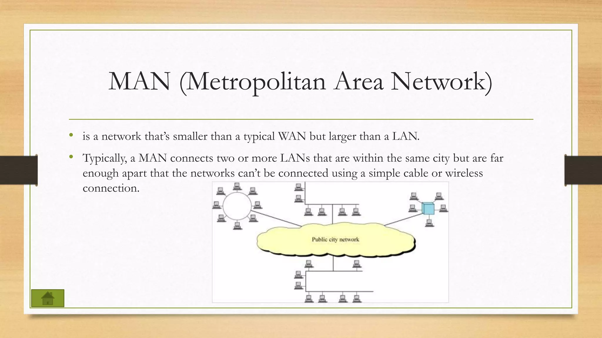 MAN (Metropolitan Area Network)
• is a network that’s smaller than a typical WAN but larger than a LAN.
• Typically, a MAN connects two or more LANs that are within the same city but are far
enough apart that the networks can’t be connected using a simple cable or wireless
connection.
 