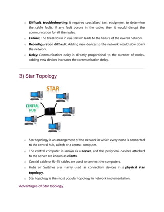 o Difficult troubleshooting: It requires specialized test equipment to determine
the cable faults. If any fault occurs in the cable, then it would disrupt the
communication for all the nodes.
o Failure: The breakdown in one station leads to the failure of the overall network.
o Reconfiguration difficult: Adding new devices to the network would slow down
the network.
o Delay: Communication delay is directly proportional to the number of nodes.
Adding new devices increases the communication delay.
3) Star Topology
o Star topology is an arrangement of the network in which every node is connected
to the central hub, switch or a central computer.
o The central computer is known as a server, and the peripheral devices attached
to the server are known as clients.
o Coaxial cable or RJ-45 cables are used to connect the computers.
o Hubs or Switches are mainly used as connection devices in a physical star
topology.
o Star topology is the most popular topology in network implementation.
Advantages of Star topology
 