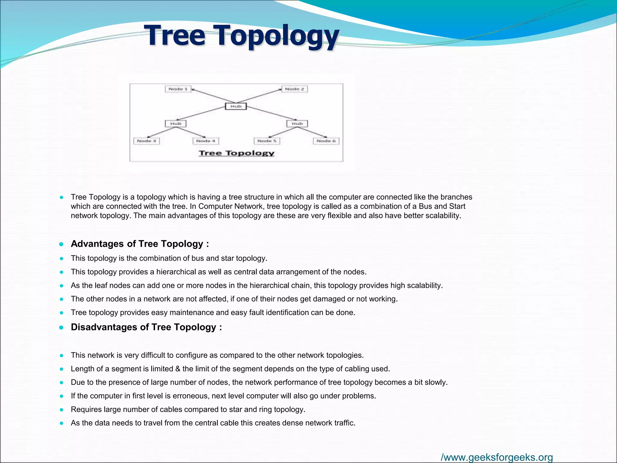 Tree Topology
● Tree Topology is a topology which is having a tree structure in which all the computer are connected like the branches
which are connected with the tree. In Computer Network, tree topology is called as a combination of a Bus and Start
network topology. The main advantages of this topology are these are very flexible and also have better scalability.
● Advantages of Tree Topology :
● This topology is the combination of bus and star topology.
● This topology provides a hierarchical as well as central data arrangement of the nodes.
● As the leaf nodes can add one or more nodes in the hierarchical chain, this topology provides high scalability.
● The other nodes in a network are not affected, if one of their nodes get damaged or not working.
● Tree topology provides easy maintenance and easy fault identification can be done.
● Disadvantages of Tree Topology :
● This network is very difficult to configure as compared to the other network topologies.
● Length of a segment is limited & the limit of the segment depends on the type of cabling used.
● Due to the presence of large number of nodes, the network performance of tree topology becomes a bit slowly.
● If the computer in first level is erroneous, next level computer will also go under problems.
● Requires large number of cables compared to star and ring topology.
● As the data needs to travel from the central cable this creates dense network traffic.
/www.geeksforgeeks.org
 