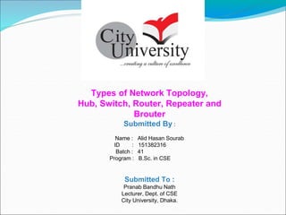 Types of Network Topology,
Hub, Switch, Router, Repeater and
Brouter
Submitted By :
Name : Alid Hasan Sourab
ID : 151382316
Batch : 41
Program : B.Sc. in CSE
Submitted To :
Pranab Bandhu Nath
Lecturer, Dept. of CSE
City University, Dhaka.
 