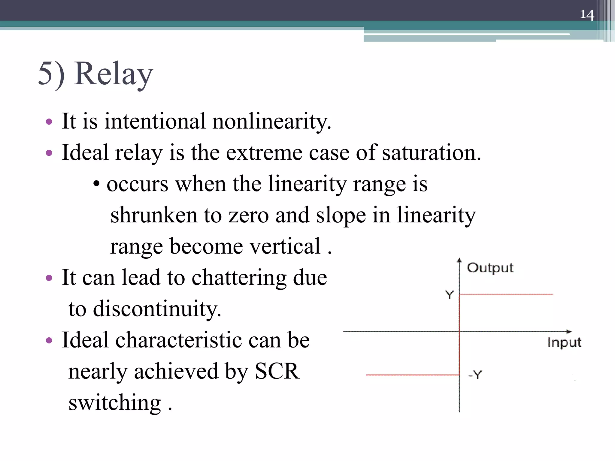 5) Relay
• It is intentional nonlinearity.
• Ideal relay is the extreme case of saturation.
• occurs when the linearity range is
shrunken to zero and slope in linearity
range become vertical .
• It can lead to chattering due
to discontinuity.
• Ideal characteristic can be
nearly achieved by SCR
switching .
14
 