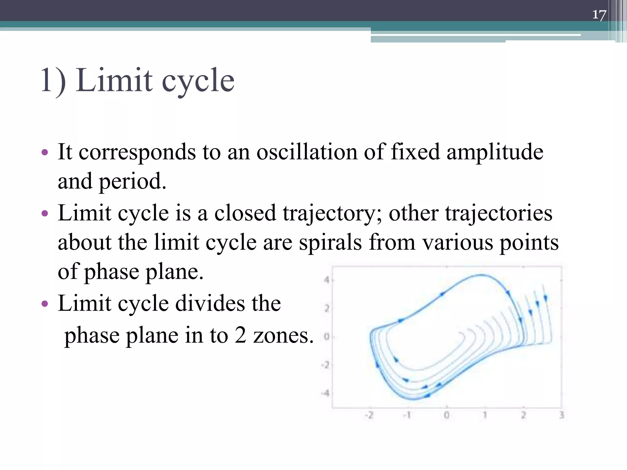 1) Limit cycle
• It corresponds to an oscillation of fixed amplitude
and period.
• Limit cycle is a closed trajectory; other trajectories
about the limit cycle are spirals from various points
of phase plane.
• Limit cycle divides the
phase plane in to 2 zones.
17
 