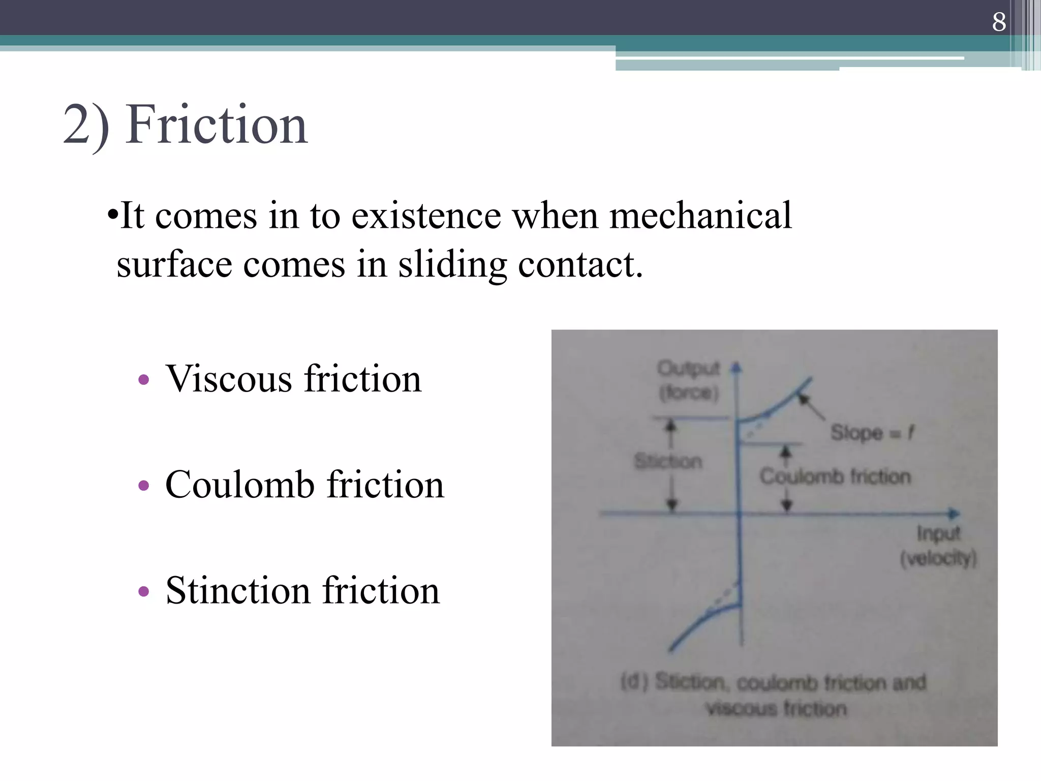 2) Friction
• Viscous friction
• Coulomb friction
• Stinction friction
8
•It comes in to existence when mechanical
surface comes in sliding contact.
 